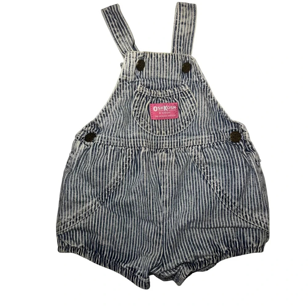 Vtg OshKosh B'Gosh Hickory Stripe Denim Overalls Shortalls Pink Label 18M USA